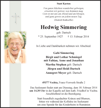 Anzeige von Hedwig Simmering von OM-Medien